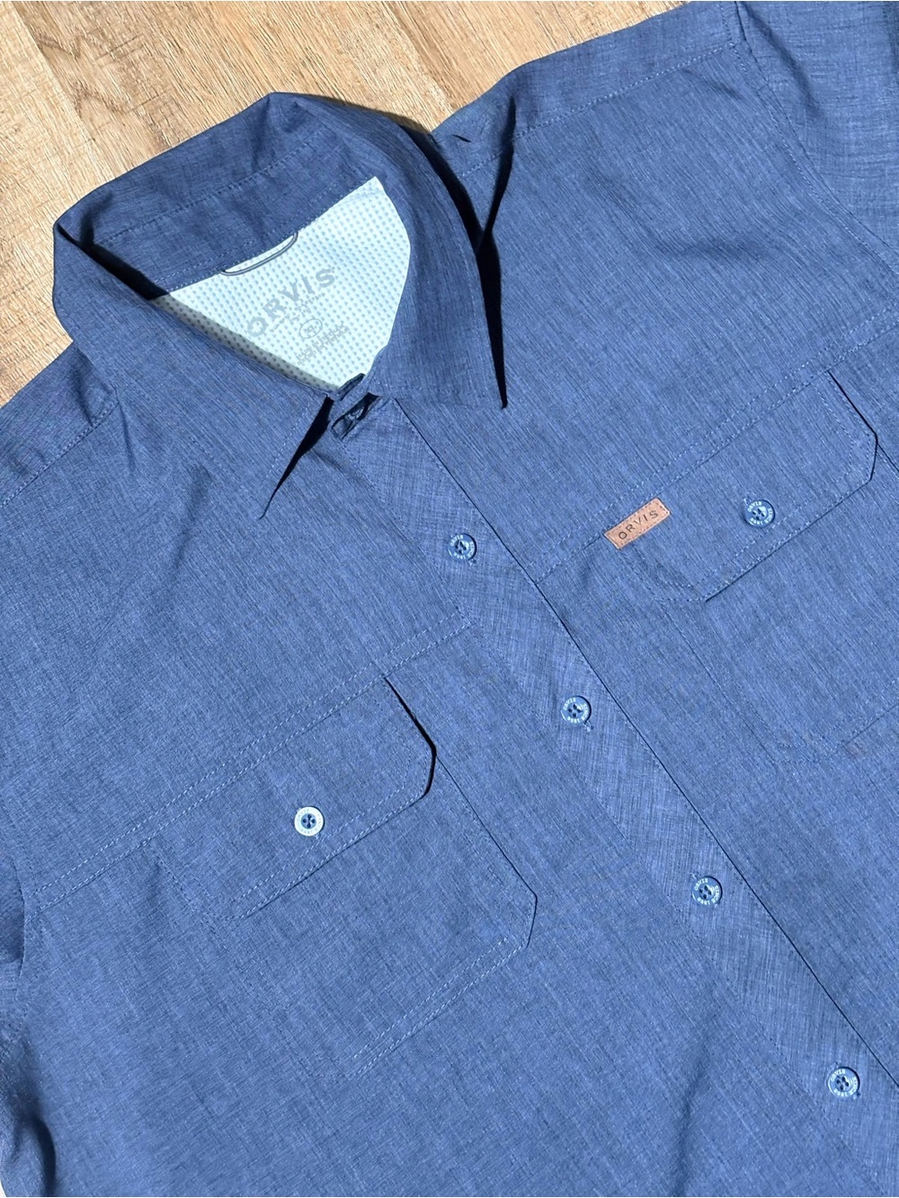 Orvis Mens XL Short Sleeve Button Up Fishing Shirt Blue Outdoor Travel Hiking